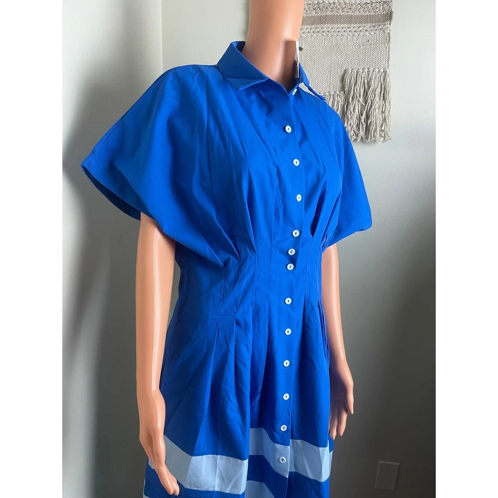 Women Blue White Button Down‎ Shirt Summer Dress Smocked Waist Cotton Medium